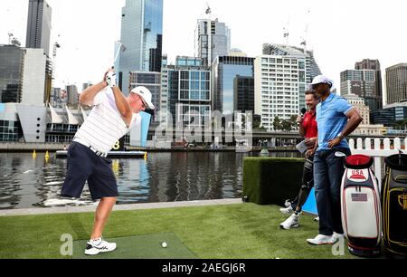 Melbourne, Australia. 9th Dec, 2019. Shane Luke swings ahead of the 2019 Presidents Cup in Melbourne, Australia, Dec. 9, 2019. Shane Luke's father introduced him to golf when he was 10 years old. He was into all sports until he lost his leg at age 15 due to bone cancer. Shane has been able to play the game off one leg, achieving a plus handicap at Sydney's Bankstown Golf Club in 2018. Shane maintains his mantra that golf was his rehabilitation for life. Credit: Bai Xuefei/Xinhua/Alamy Live News Stock Photo