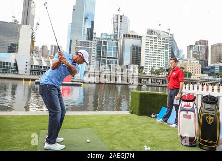 Melbourne, Australia. 9th Dec, 2019. Tiger Woods swings ahead of the 2019 Presidents Cup in Melbourne, Australia, Dec. 9, 2019. Credit: Bai Xuefei/Xinhua/Alamy Live News Stock Photo