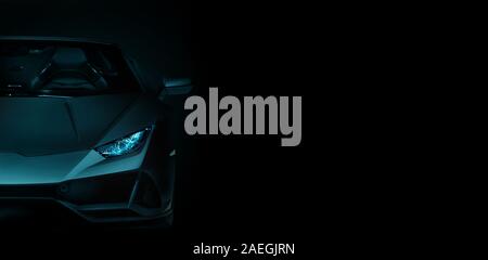 silhouette of black sports car with headlights on black background, photorealistic Stock Photo