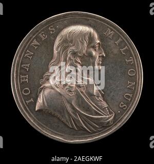 A medal or coin designed by John Sigismund Tanner in 1737 depicting John Milton (1608-1674), showing the poet’s portrait, inscriptions, relief, metalwork, and craftsmanship typical of 18th-century European medallic art. Stock Photo