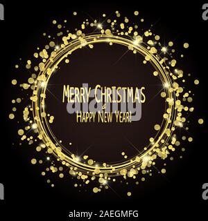 round lightning with dots and sparkle effects colored golden on dark background with Merry Christmas and Happy New Year greetings Stock Vector