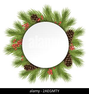 Fir branches and cones and christmas balls behind empty round frame for christmas winter greetings on white background Stock Vector