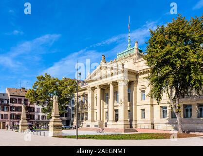 Facade and portico with ionic columns of the Palais de Justice, a neo-Greek palace built under the German Empire, which houses the high court. Stock Photo