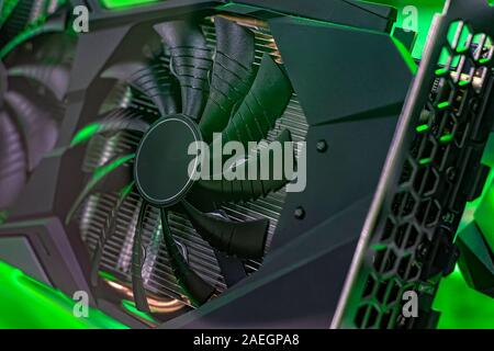 Most advanced graphics card with cooling fans. Side view. Close up ...