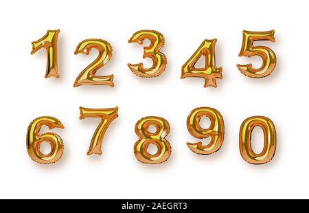 Gold foil balloon number collection on isolated white background. Birthday year or business sale numeric set in realistic 3d style. Stock Vector
