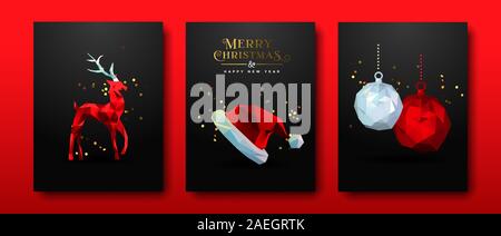Merry Christmas Happy New Year greeting card set of red low poly 3d holiday decoration with luxury gold party confetti. Includes reindeer animal, baub Stock Vector