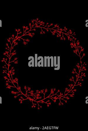 An illustration, graphic poster of simple wreath, frame in russian red color isolated on black, dark background. Frame fo a quote. Stock Photo