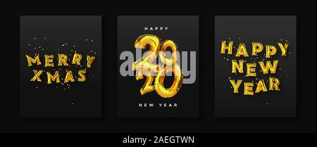 Merry Christmas Happy New Year greeting card set of 3d gold foil balloon on black background with party confetti. Metallic balloons typography quote s Stock Vector