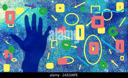 abstract background with hand shape and geometric figures on blue Stock Photo