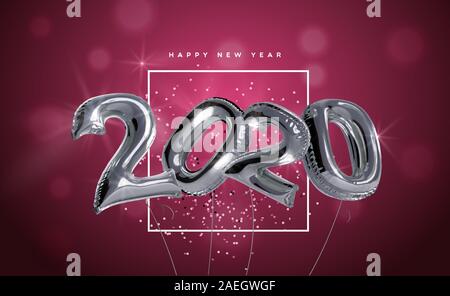 Happy New Year 2020 greeting card of realistic 3d silver foil balloon number on elegant party confetti background. Mylar balloons typography quote sig Stock Vector