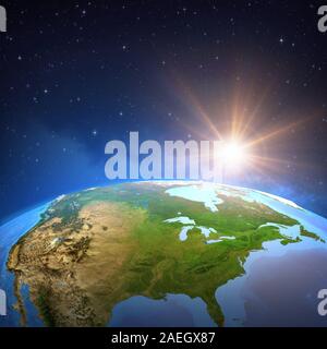 Surface of the Planet Earth viewed from a satellite, focused on North America, sun shining in deep space. 3D illustration - Elements of this image fur Stock Photo