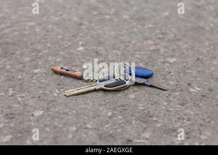 Lost bunch of keys lies on the road outdoors Stock Photo