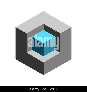 3D isometric box shape. Small cube in a big cube. Abstract dimensional box object. Square geometric figure. Cube in a hexagon optical illusion. Vector Stock Vector
