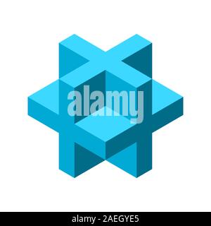 Blue 3D cross or plus sign. Dimensional letter X. Isometric cube shape made of crosses. Necker cube figure. Abstract geometric object. Sacred geometry Stock Vector
