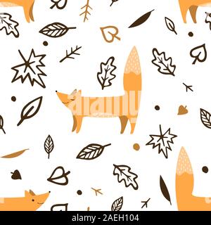 Lovely seamless pattern with cute foxes and autumn leaves. Awesome forest background in bright colors in vector Stock Vector
