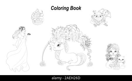 Coloring book set: princess. cat. owl. cake. unicorn. Picture in hand drawing style, for Happy birthday. greeting card, postcard. party invitation. st Stock Vector