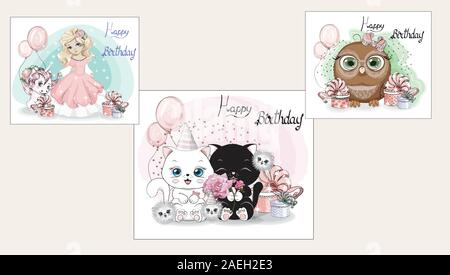 Happy Birthday cute set, stickers collection. Picture in hand drawing cartoon style, for t-shirt wear fashion print design, greeting card, postcard. b Stock Vector