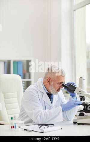 Mature doctor with grey hair sitting at his workplace and using microscope in his work while working at office Stock Photo