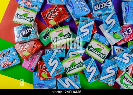 New York NY NOV 29 2019: Chewing gum various brands Orbit, Extra, Eclipse, Freedent, Wrigley Spearmint Trident Stride Stock Photo