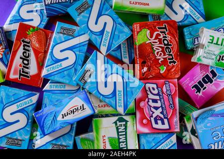 New York NY NOV 29 2019: Chewing gum various brands Orbit, Extra, Eclipse, Freedent, Wrigley, Spearmint Trident Stride Stock Photo