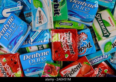 New York NY NOV 29 2019: Chewing gum various brands Orbit, Extra, Eclipse, Freedent, Wrigley Spearmint Trident Stride Stock Photo