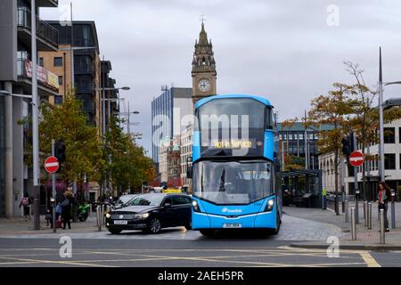 Not in Service Translink blue bus through the centre of Belfast, Northern Ireland on a grey dull day Stock Photo