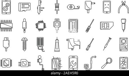 Mobile phone maintenance icons set. Outline set of mobile phone maintenance vector icons for web design isolated on white background Stock Vector