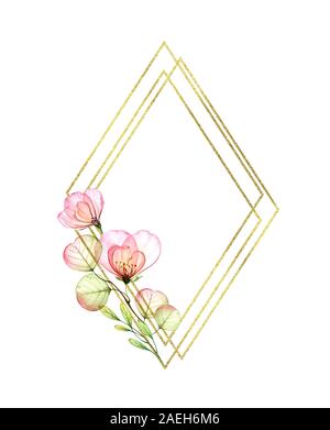 Watercolor Rose frame with golden glitter rhomb and place for text. Botanic hand painted illustration. Vertical composition with flowers and leaves Stock Photo