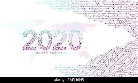 Text design Christmas and Happy new year 2020. Graphic background communication 2020. Connected lines with dots. Computer motherboard vector Stock Vector