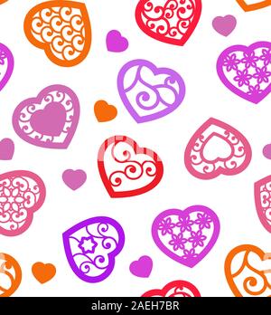 Hearts seamless pattern on white ornamental. Colorful geometry pattern for Valentines day, wedding decor. Stock Vector