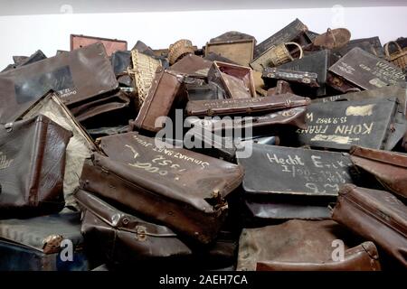 Luggage belonging to the prisoners now on show at Auschwitz I Concentration Camp Poland - Konzentrationslager Auschwitz. A former Polish army barracks Stock Photo