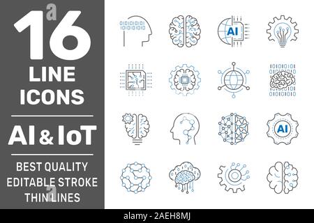 Machine learning, AI, IoT line icons. Set of artificial intelligence, digital brain, automated system and more. Editable stroke. EPS 10 Stock Vector