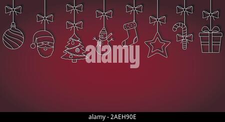 Christmas hanging ornaments with shadow on dark red background Stock Vector