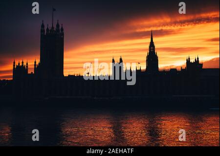 House of parliament in London, sunset sky,