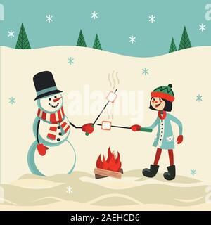 Marshmallow roast on winter campfire vector poster Stock Vector
