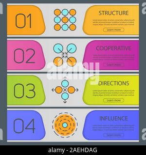 Abstract symbols banner templates set. Structure, cooperative, directions, influence. Website menu items. Color web banner. Vector headers design conc Stock Vector