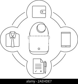 Businessman's bag contents linear icons set. Shirt and tie, document with pen, smartphone, wallet. Isolated vector illustrations Stock Vector