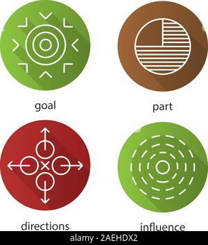 Abstract symbols flat linear long shadow icons set. Goal, part, directions, influence concepts. Vector line illustration Stock Vector