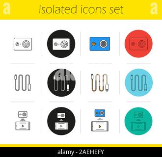 Action camera icons set. Linear, black and color styles. Mini USB cable, action camera to smartphone wireless connection. Isolated vector illustration Stock Vector