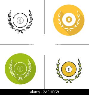 Billiard championship icon. Flat design, linear and color styles. Billiard ball in laurel wreath. Isolated vector illustrations Stock Vector