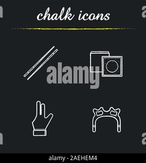 Billiard accessories chalk icons set. Pool equipment. Cues, chalk, glove, rest head. Isolated vector chalkboard illustrations Stock Vector