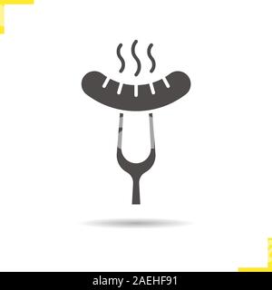 Sausage on fork glyph icon. Drop shadow silhouette symbol. Steaming bratwurst on carving fork. Negative space. Vector isolated illustration Stock Vector