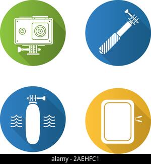 Action camera flat design long shadow icons set. Floating grip, gadget protective case, monopod. Vector silhouette illustration Stock Vector