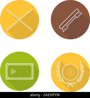 Billiard equipment flat linear long shadow icons set. Billiard brush, table with balls rack, crossed cues and eight ball in laurel wreath. Vector line Stock Vector