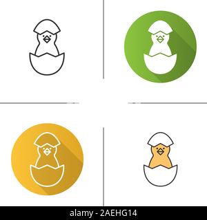 Newborn chicken icon. Flat design, linear and color styles. Nestling in egg shell. Isolated vector illustrations Stock Vector