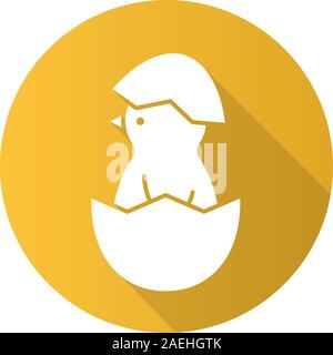 Newborn chicken flat design long shadow icon. Nestling in egg shell. Vector silhouette symbol Stock Vector