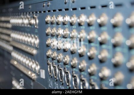 Mixing Sockets. Connections of a sound equipment proffesional xlr audio patch panel. Stock Photo