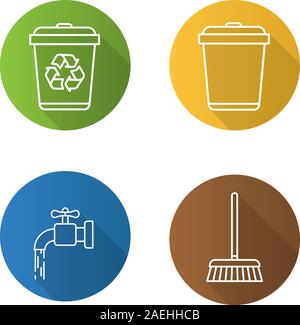 Cleaning service flat linear long shadow icons set. Environment protection. Running tap water, recycle bins, mop. Vector line illustration Stock Vector