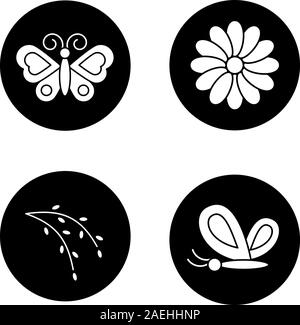 Spring icons set. Butterflies, aster flower, willow blossom. Nature. Vector white silhouettes illustrations in black circles Stock Vector