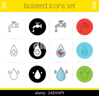 Water resources icons set. Linear, black and color styles. Faucet, pure water drops. Isolated vector illustrations Stock Vector